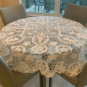 Gorgeous 64”X64” square white appliqué tablecloth.